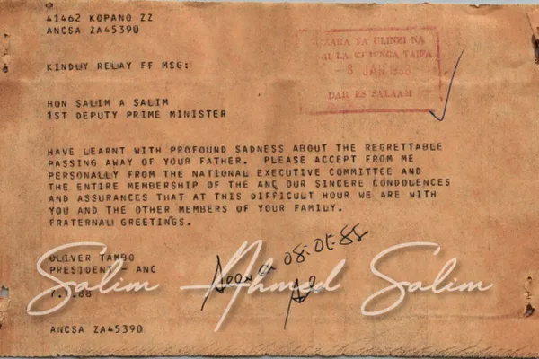 Dr. Salim Receives Condolences Note from Oliver Tambo